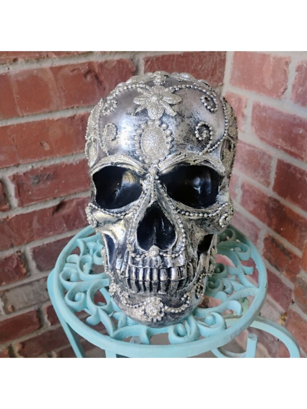 Large Tabletop Sugar Skull Figurine Silver w/Glitter 8" tall Halloween Decor